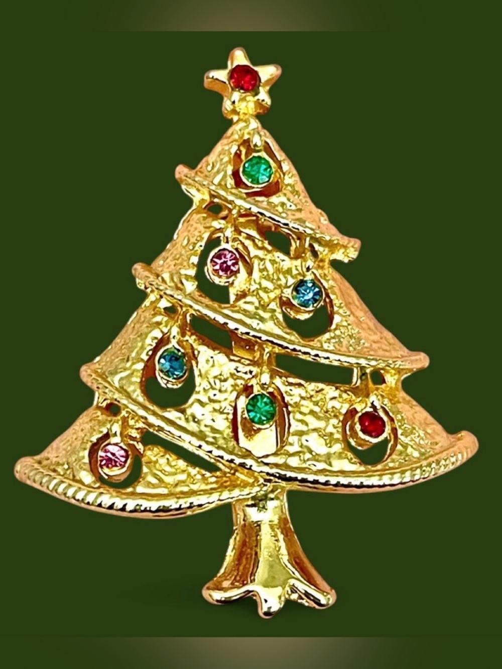 Vintage Christmas Tree Brooch Pin Multicolor Rhinestones Gold Tone Retro Holiday